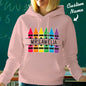 Fabric and texture close-up of the personalised crayon hooded sweatshirt — soft, lightweight polyester, easy to care for everyday teaching wear