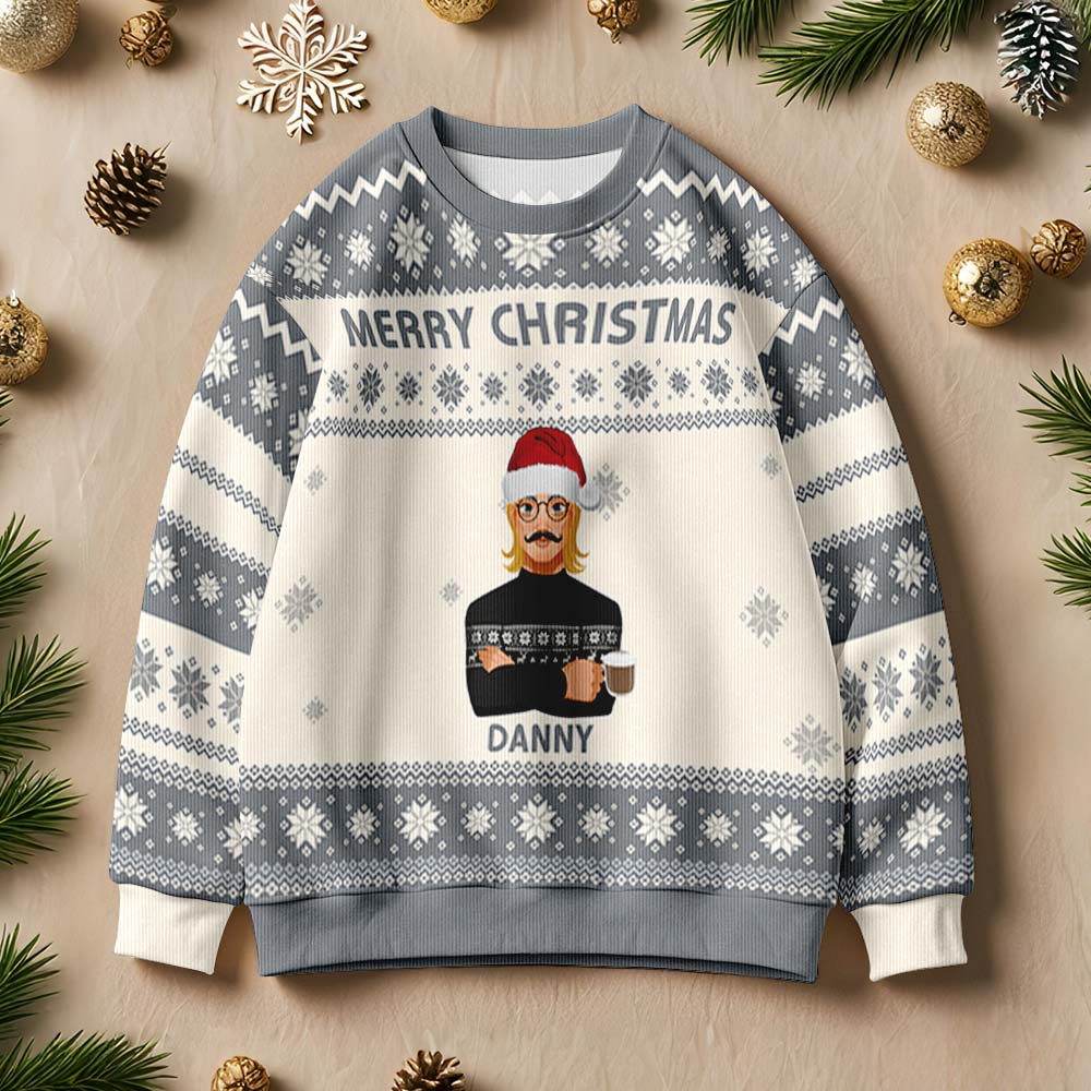 Back and side view of personalised cartoon Christmas jumper highlighting polyester fabric and comfortable fit, available S–5XL