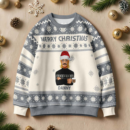 Back and side view of personalised cartoon Christmas jumper highlighting polyester fabric and comfortable fit, available S–5XL