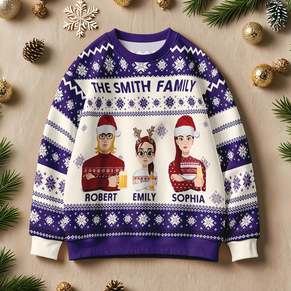 Detail shot of funny cartoon graphic and personalised name on Christmas jumper, showcasing vibrant colours and personalised name gifts