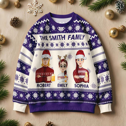 Detail shot of funny cartoon graphic and personalised name on Christmas jumper, showcasing vibrant colours and personalised name gifts