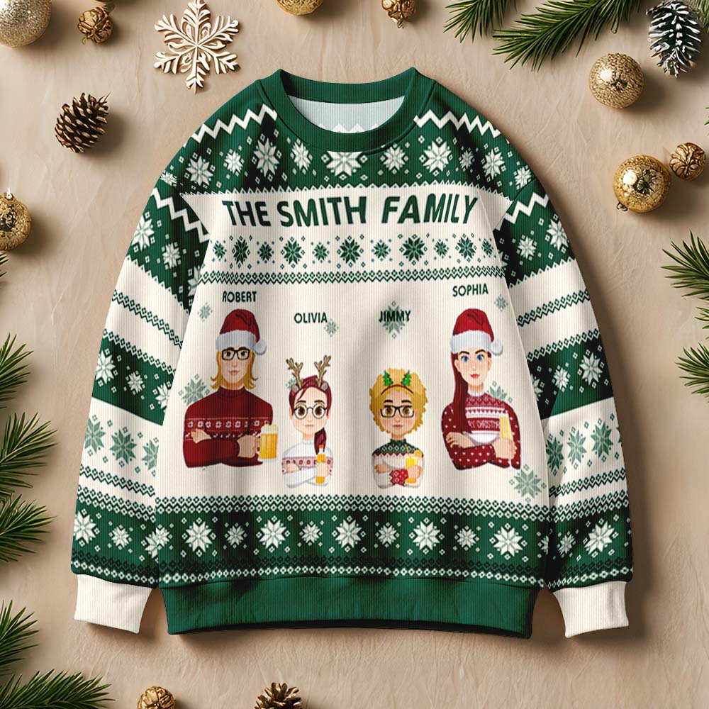 Size and fit guide graphic for personalised cartoon Christmas jumper, clear S–5XL options to help choose the right personalised gift