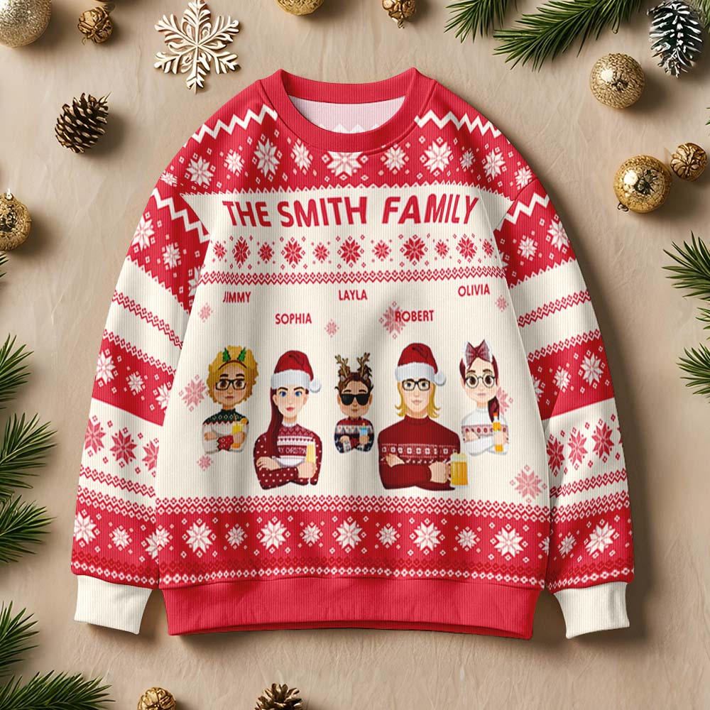 Family wearing matching personalised cartoon Christmas jumpers for festive photos — ideal for coordinated family outfits and Secret Santa presents