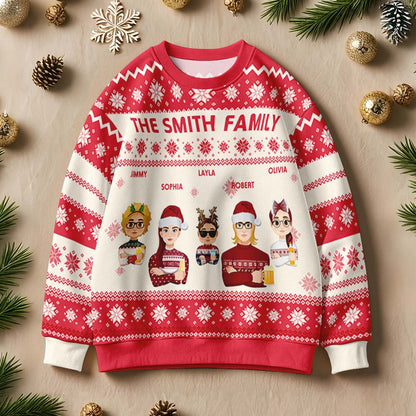 Family wearing matching personalised cartoon Christmas jumpers for festive photos — ideal for coordinated family outfits and Secret Santa presents