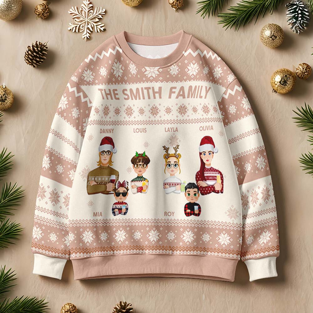 Flat-lay of personalised cartoon Christmas jumper showing overall design, personalised text area and polyester knit texture for holiday gifting