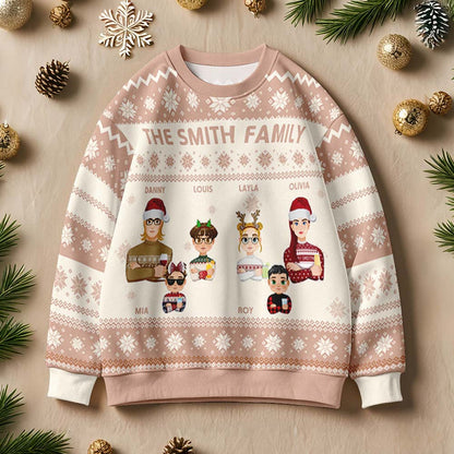 Flat-lay of personalised cartoon Christmas jumper showing overall design, personalised text area and polyester knit texture for holiday gifting