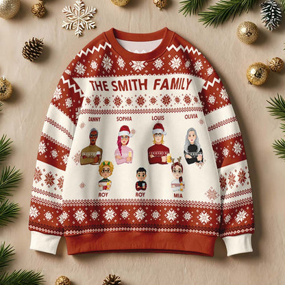 Office jumper day look featuring a personalised cartoon Christmas jumper, funny ugly sweater gift idea for colleagues and friends