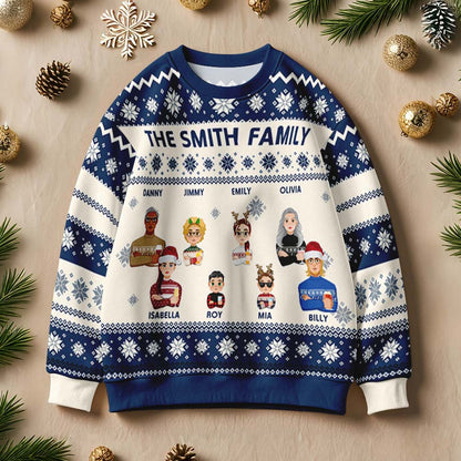 Three-quarter view of personalised cartoon Christmas jumper highlighting sleeve, neckline and print placement for custom name gifts
