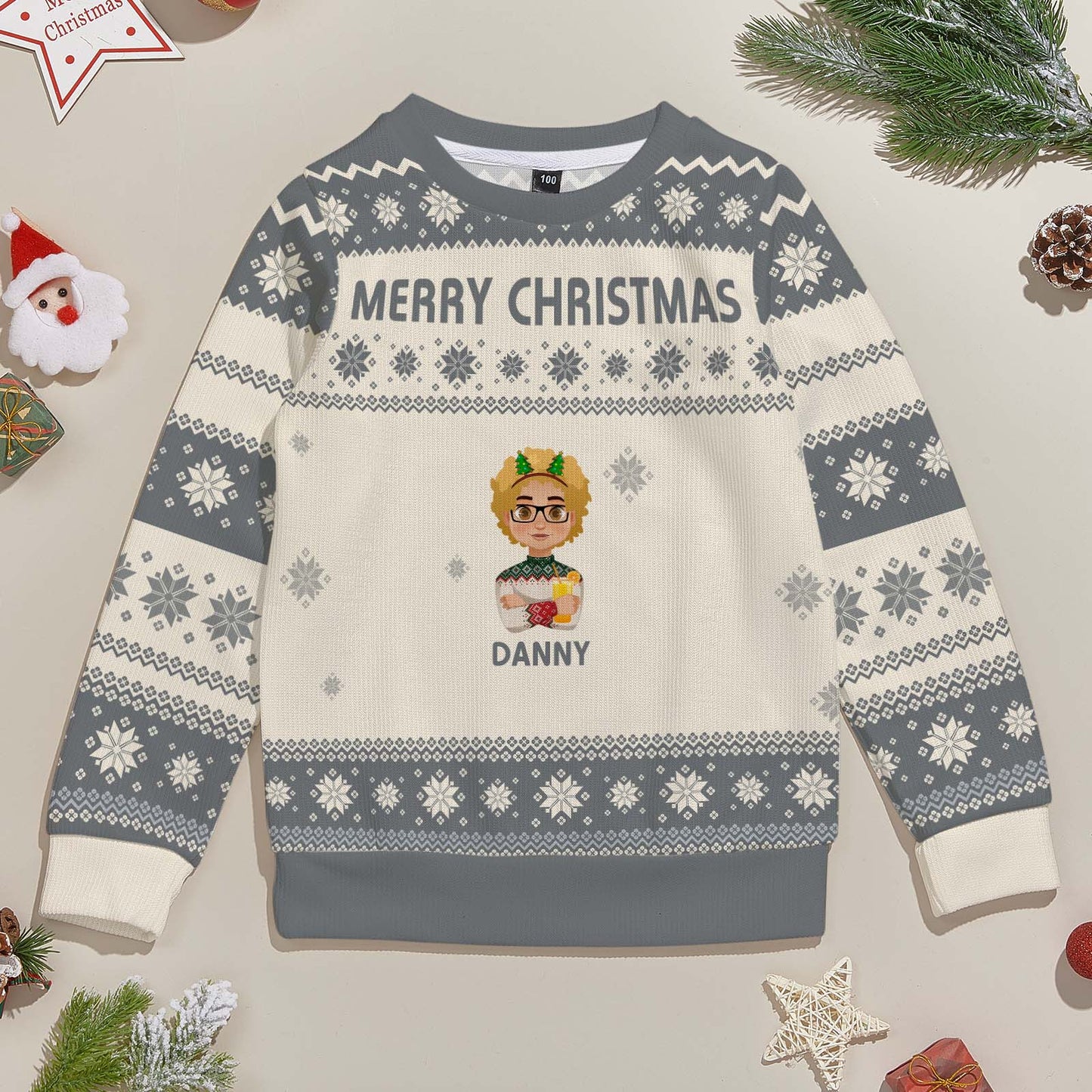 Child wearing personalised kids Christmas cartoon jumper – unisex fit ideal for school mufti days, family photos and Secret Santa