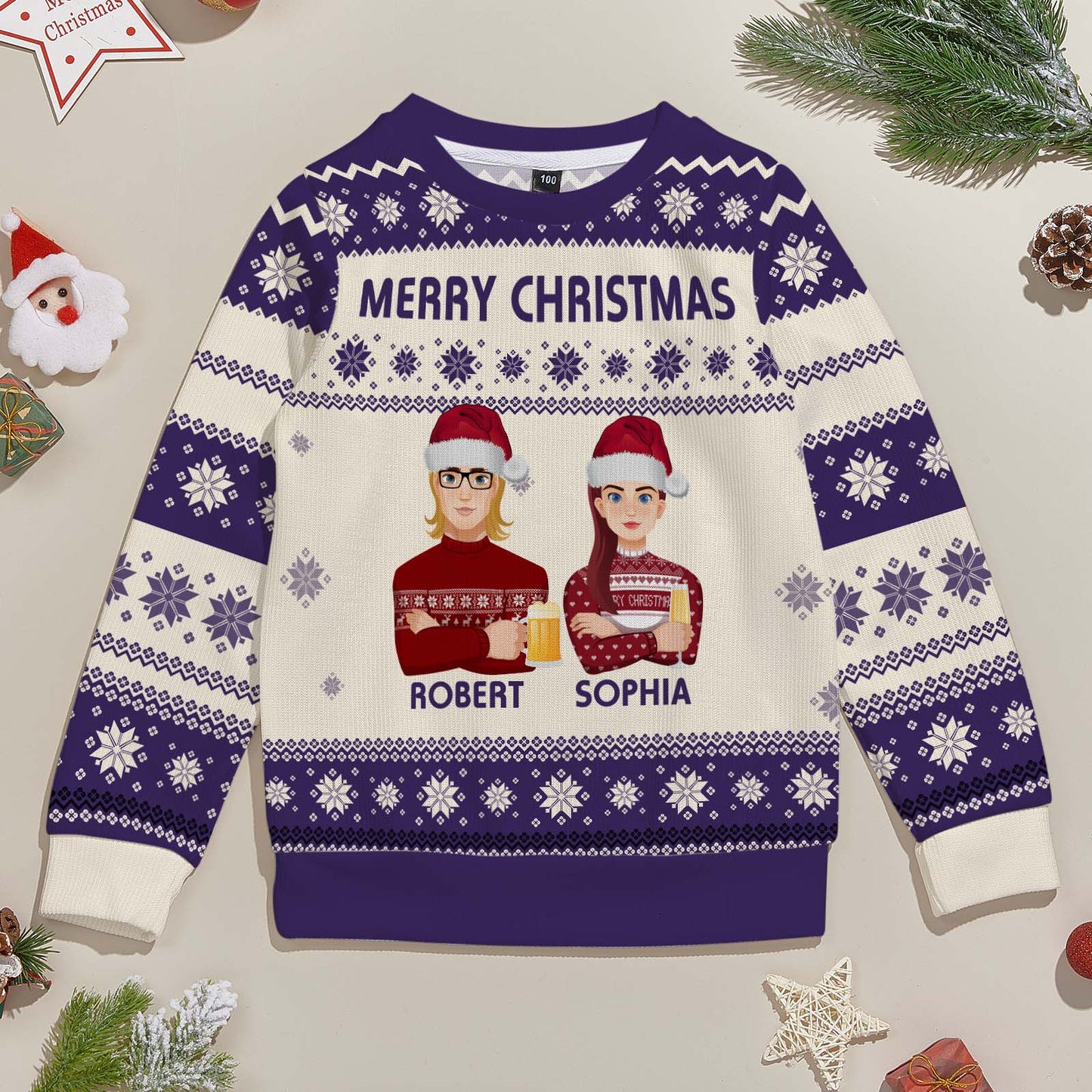 Example of personalised name on kids Christmas cartoon jumper – custom text option showcased on a festive ugly sweater design