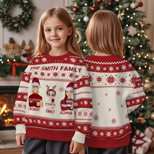 Personalised kids Christmas cartoon jumper front view – unisex custom ugly sweater with name option, soft polyester, festive gift for boys and girls