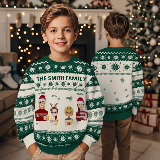 Personalised kids Christmas cartoon jumper front view – unisex custom ugly sweater with name option, soft polyester, festive gift for boys and girls