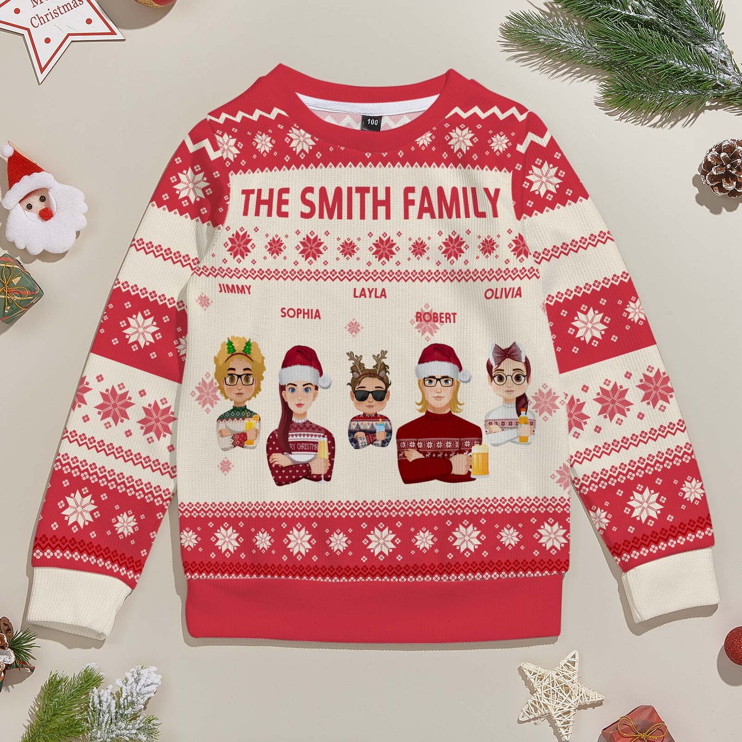 Back and side view of personalised kids Christmas cartoon jumper demonstrating unisex cut and comfortable polyester fabric