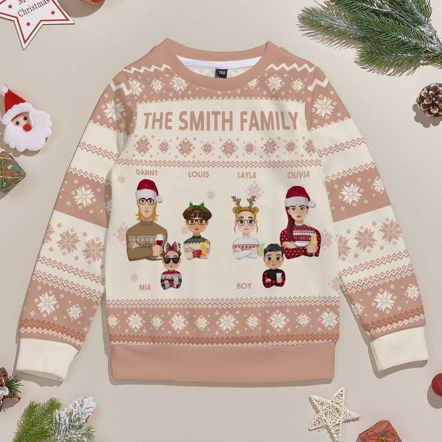 Siblings wearing matching personalised kids Christmas cartoon jumpers – perfect for coordinated family photos and thoughtful festive gifts