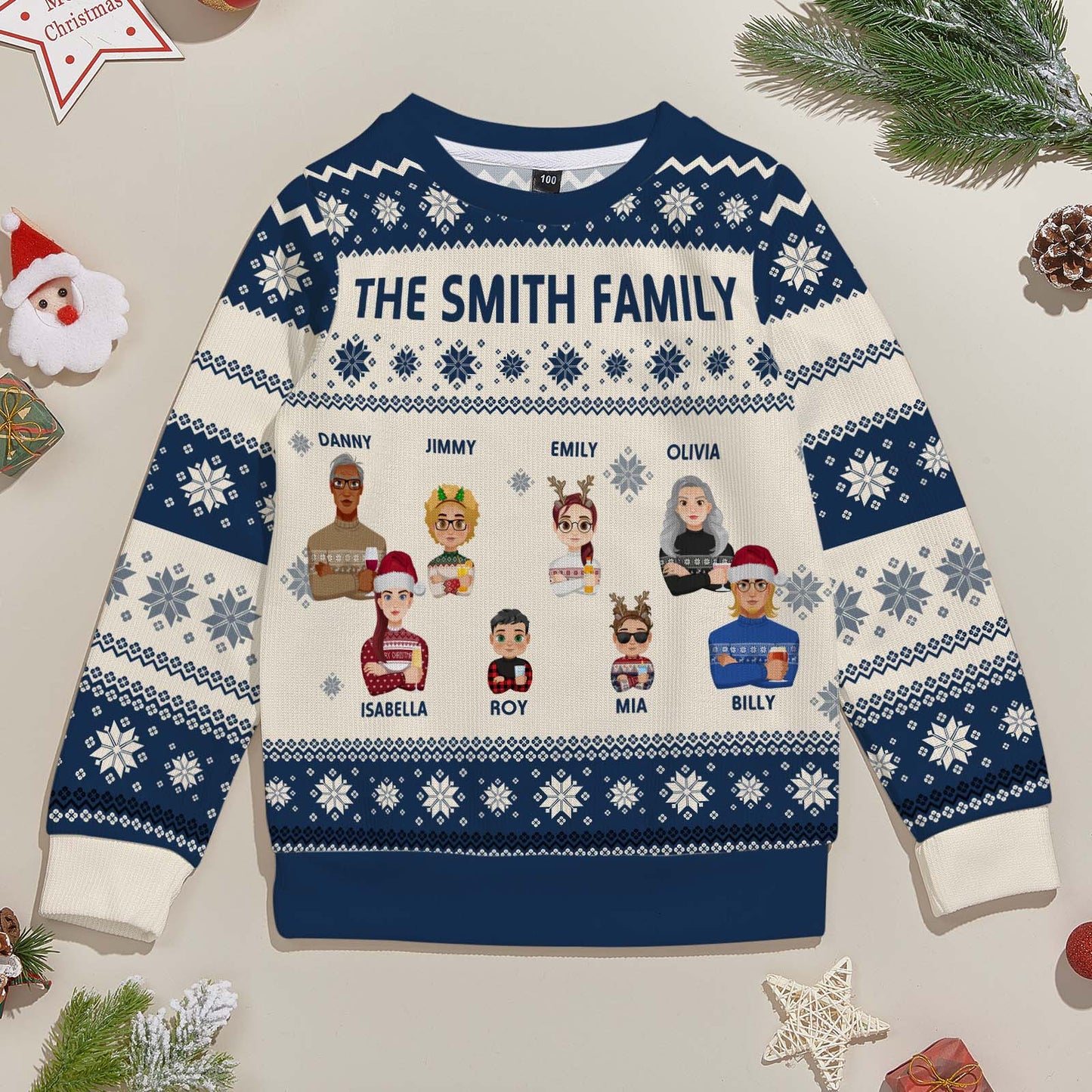 Detailed close-up of festive cartoon motif and fabric texture on personalised kids Christmas jumper – quality inspected before dispatch