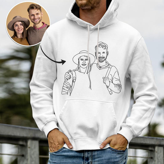 Personalised line-art hoodie with your photo — custom face print on a unisex polyester hoodie, ideal personalised gift for couples and loved ones