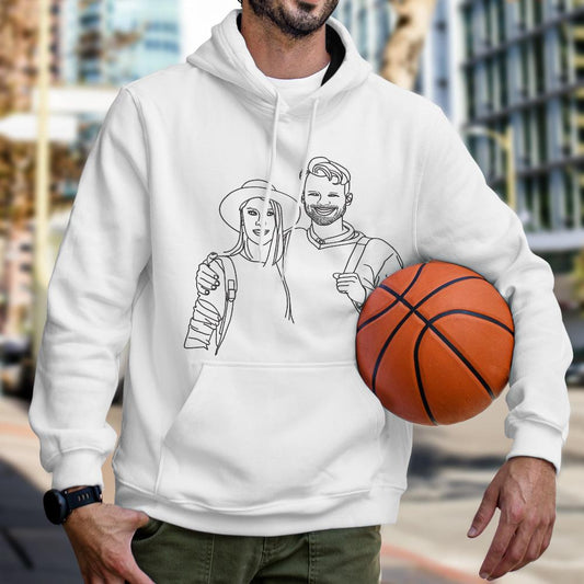 Personalised line-art hoodie with your photo — custom face print on a unisex polyester hoodie, ideal personalised gift for couples and loved ones