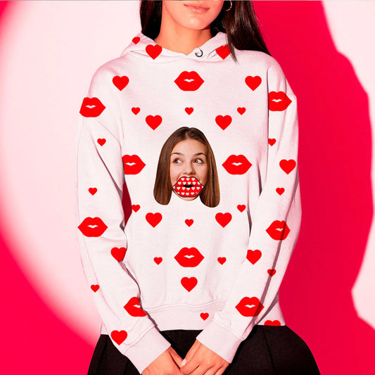 Front view of Unisex Personalised Face Red Heart Lips hoodie with custom photo face and bold red heart lips design — personalised photo hoodie, custom face hoodie (S–XXXL)