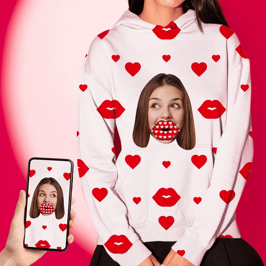 Unisex Personalised Face Hoodie – Red Heart Lips (S–XXXL)