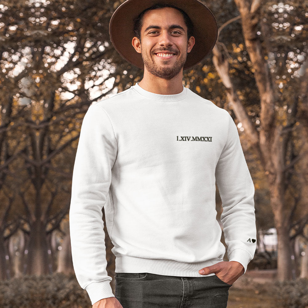 Close-up of embroidered Roman numerals on round-neck personalised hoodie showing precise, durable stitching