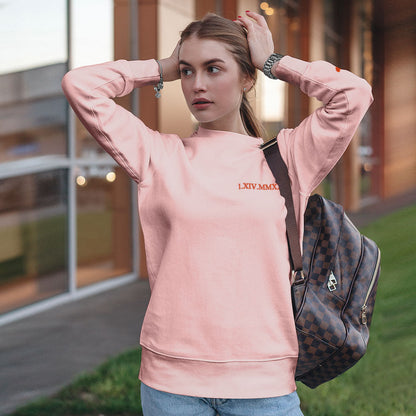 Front view of personalised embroidered couple hoodie with Roman numeral date — thoughtful anniversary or wedding gift
