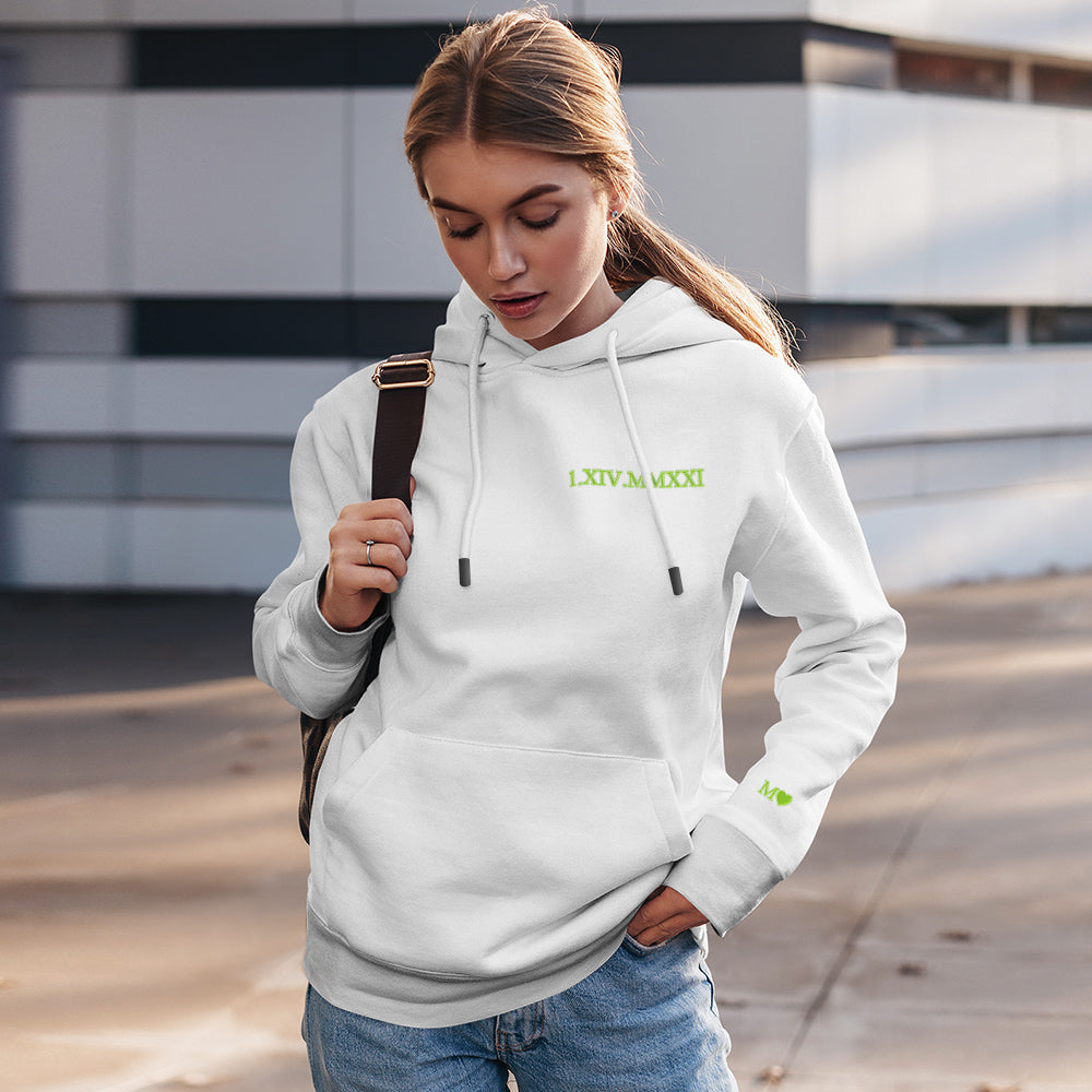 Close-up of custom embroidered Roman numerals on cotton hoodie — personalised keepsake for couples