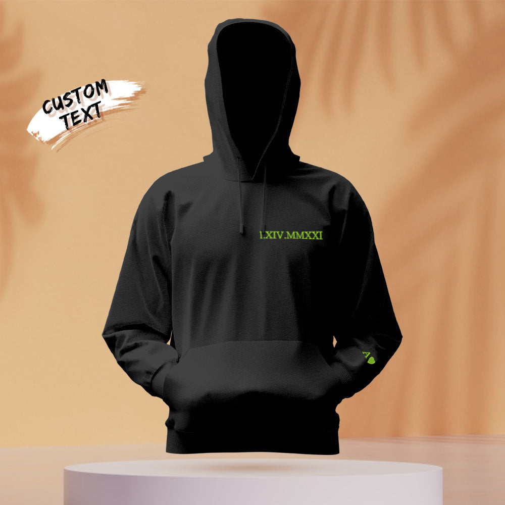 Close-up of hood and embroidery on personalised hoodie — custom Roman numerals, cosy cotton fabric