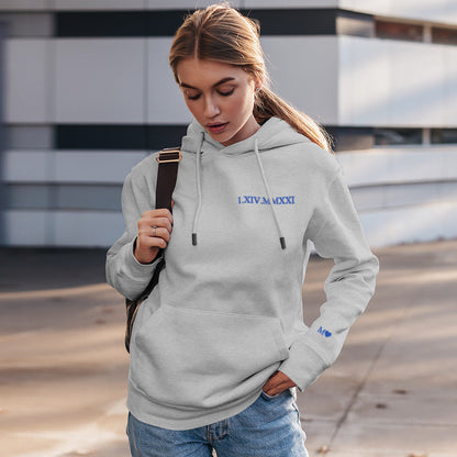 Pair of matching personalised hoodies folded — custom Roman numeral date embroidery, ideal couple gift