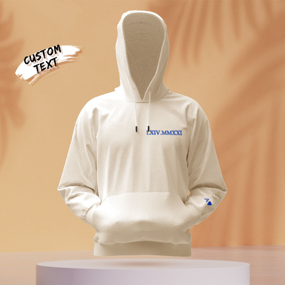 Embroidered name and Roman numerals on cotton hoodie — bespoke couples keepsake, thoughtful anniversary present