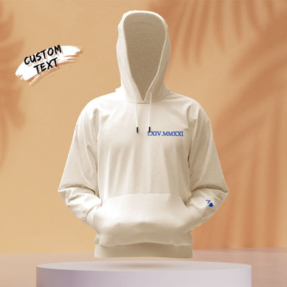 Embroidered name and Roman numerals on cotton hoodie — bespoke couples keepsake, thoughtful anniversary present