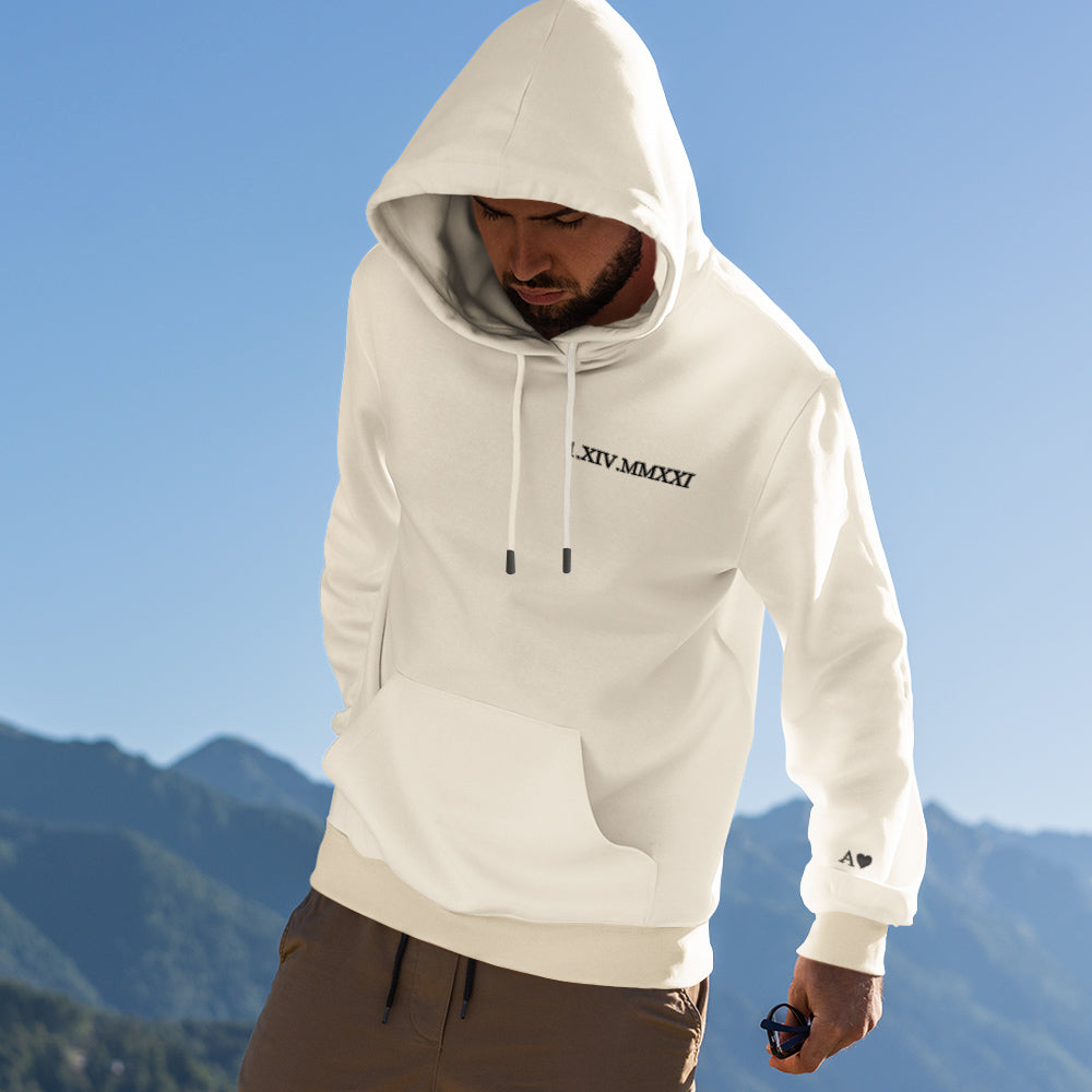 Embroidered custom text and Roman numerals on hoodie — personalised gift for wife, husband or partner