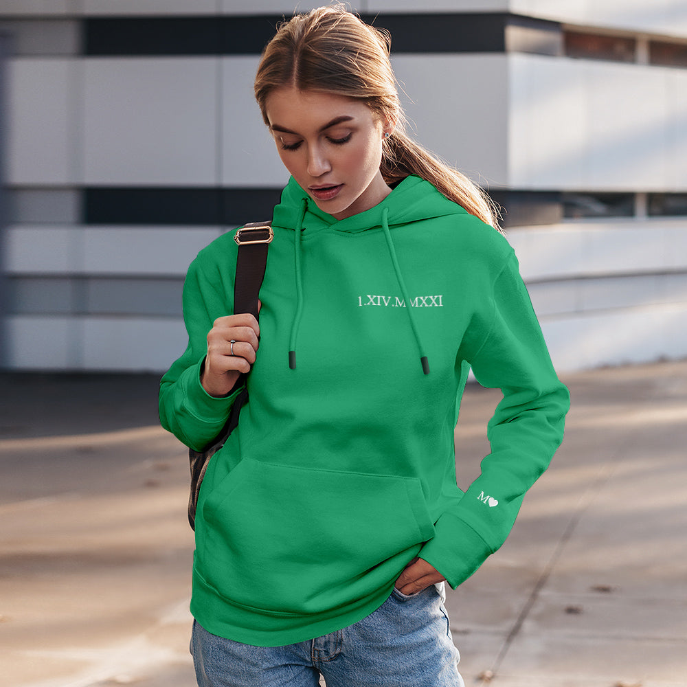 Modelled personalised hoodie with embroidered Roman numerals — ideal for anniversaries and Valentine’s Day gifts