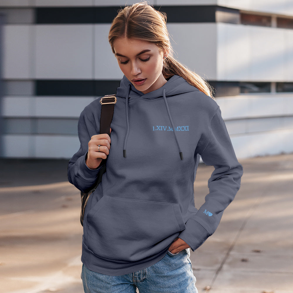 Range of personalised hoodies in multiple colours — custom embroidered Roman numeral dates on cotton fabrics