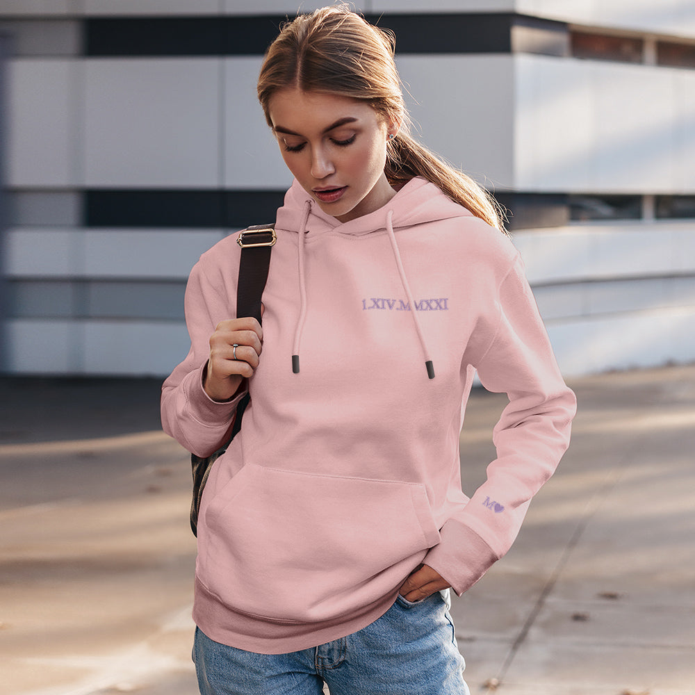 Close-up of premium embroidery thread on personalised hoodie — Roman numerals and name customisation available