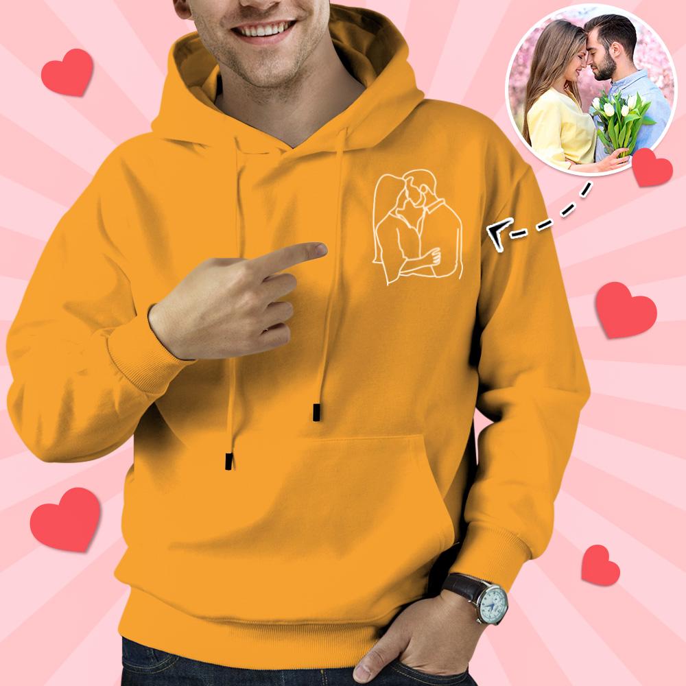 Lifestyle shot of Custom Embroidered Photo Hoodie worn with casual jeans, showcasing personalised portrait print and everyday wearability