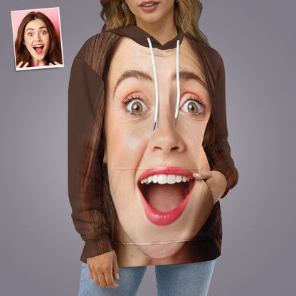 Model wearing personalised funny big face hoodie — loose unisex fit with adjustable drawstring and kangaroo pocket, ideal custom gift
