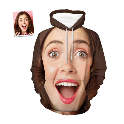 Personalised big face loose hoodie with custom photo print on front — unisex 100% polyester sweatshirt with hood and split kangaroo pocket