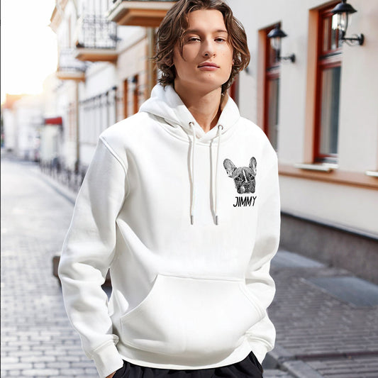 Front view of Personalised Pet Portrait Hoodie with customised pet photo print — a custom pet sweatshirt gift for pet lovers, vibrant colour print on polyester