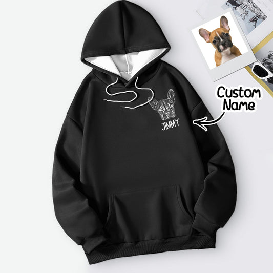 Front view of Personalised Pet Portrait Hoodie with customised pet photo print — a custom pet sweatshirt gift for pet lovers, vibrant colour print on polyester
