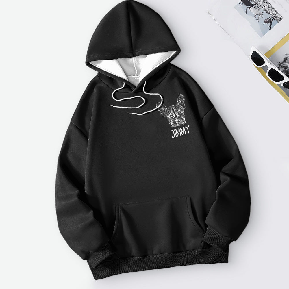 Detail shot of Personalised Pet Portrait Hoodie showing fabric texture and print clarity on polyester — bespoke custom pet sweatshirt gift