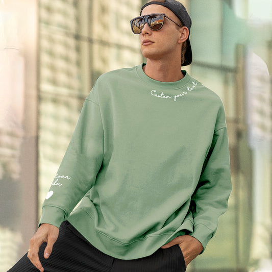 Front view of personalised custom text sweatshirt – unisex custom name hoodie in 100% polyester
