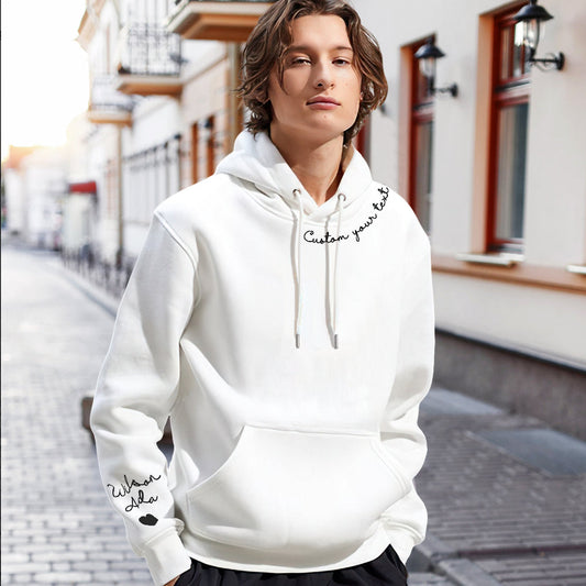 Personalised sweatshirt front view with custom text on chest – unisex polyester long‑sleeve hoodie, casual gift for her