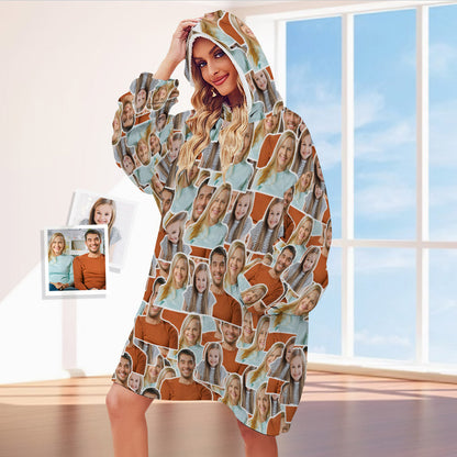Personalised Photo Blanket Hoodie (front view) – unisex oversized wearable blanket in soft cosy flannel with extra-large hood, roomy kangaroo pocket and vivid custom photo print for adults and kids