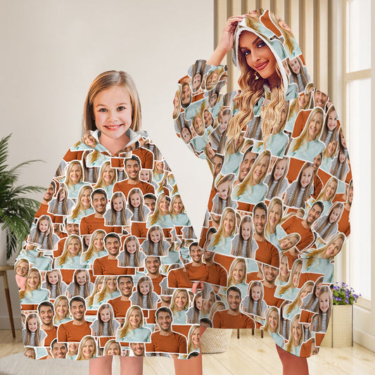 Personalised Photo Blanket Hoodie (front view) – unisex oversized wearable blanket in soft cosy flannel with extra-large hood, roomy kangaroo pocket and vivid custom photo print for adults and kids