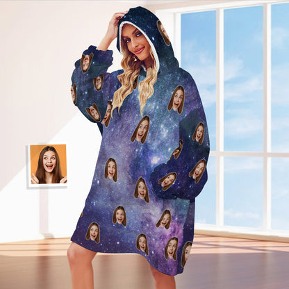 Personalised Starry Sky Blanket Hoodie front view — unisex oversized wearable blanket in cosy flannel fleece with large hood and kangaroo pocket