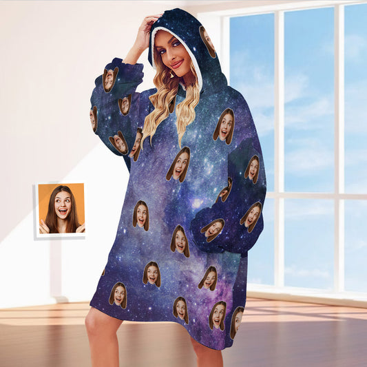 Personalised Starry Sky Blanket Hoodie front view — unisex oversized wearable blanket in cosy flannel fleece with large hood and kangaroo pocket