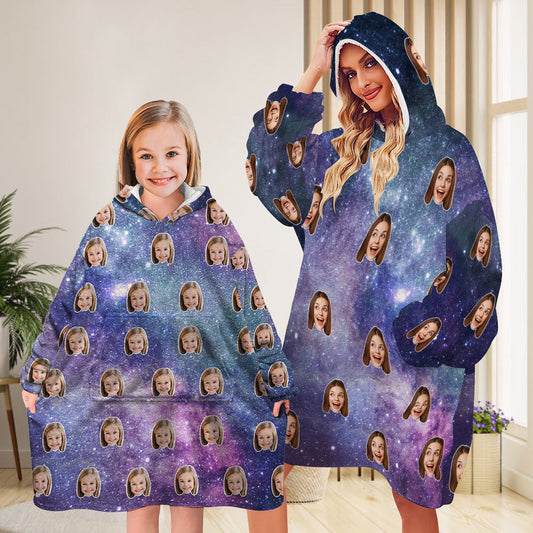 Personalised Starry Sky Blanket Hoodie front view — unisex oversized wearable blanket in cosy flannel fleece with large hood and kangaroo pocket