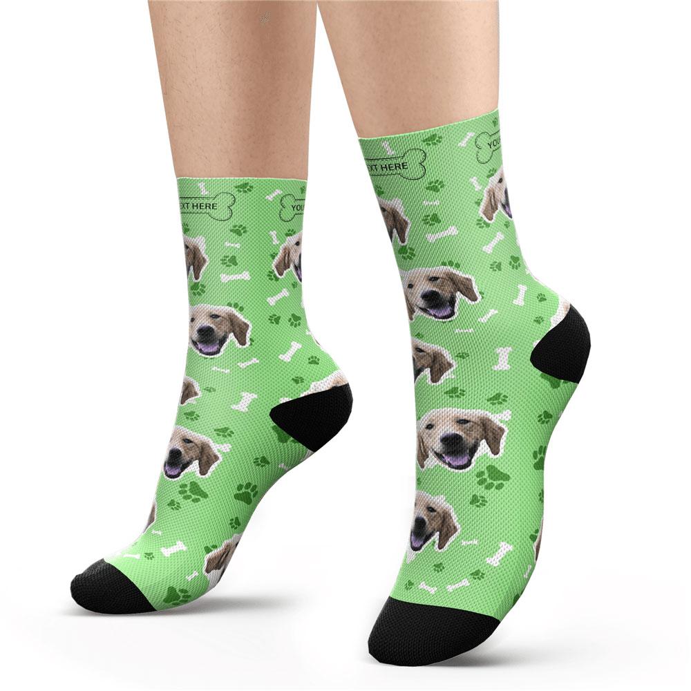Recipient unwrapping personalised dog face photo socks — a memorable personalised face gift idea for Mother's Day, Valentine's and weddings
