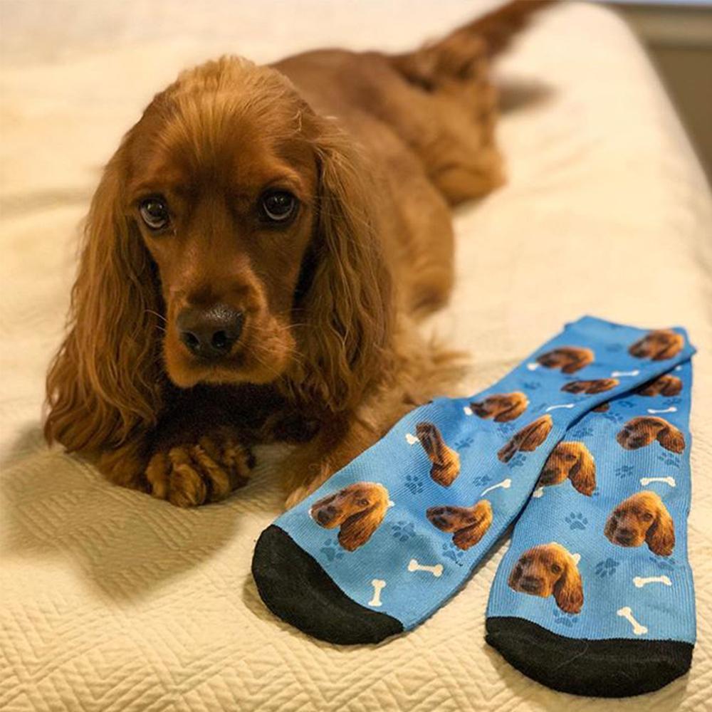 Close-up of personalised socks in a kraft gift box with ribbon — ideal personalised gift for pet lovers