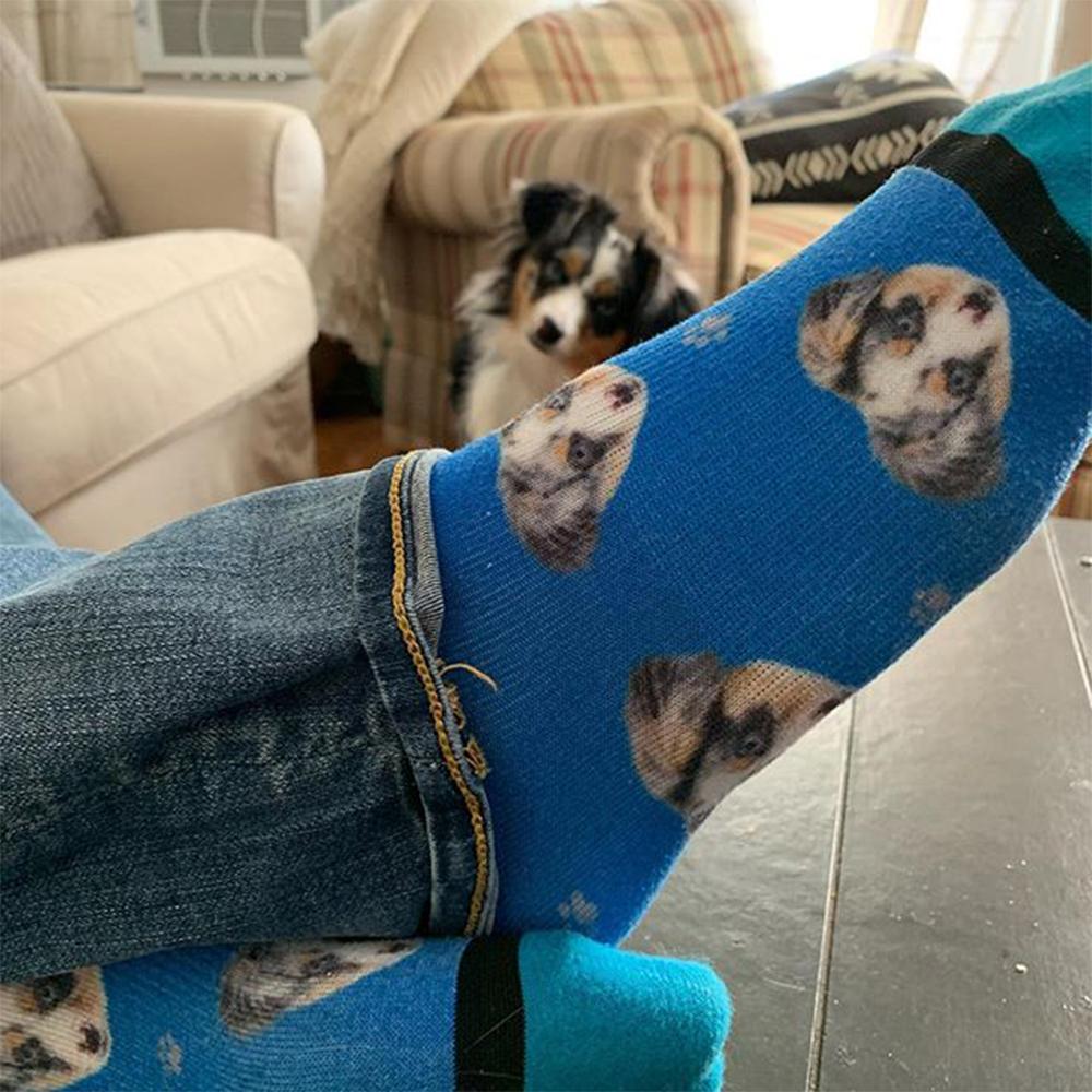 Multiple angles of personalised dog face socks highlighting print placement, cuff engraving and comfortable stretch fit